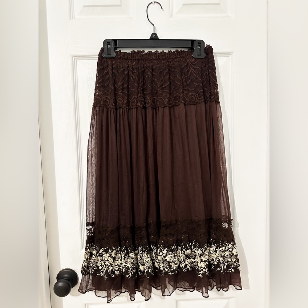 Boho brown mesh skirt with lace detailing